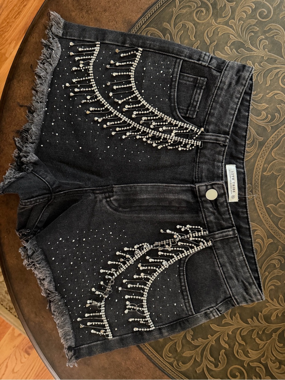 12th Tribe Black Denim Shorts with Rhinestone Fringe